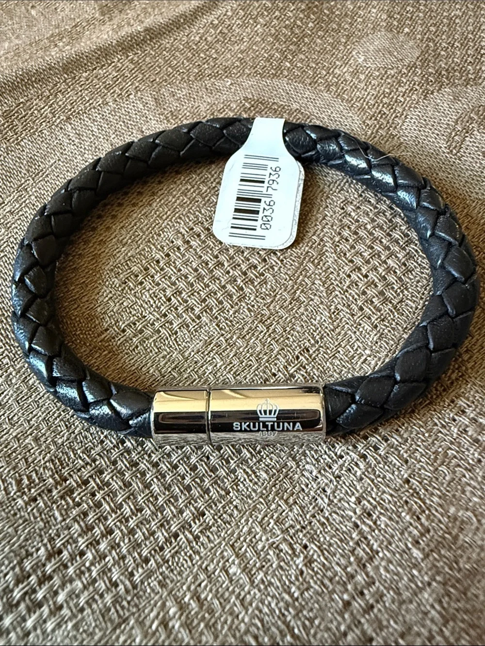 Skultuna Black Braided Leather Bracelet with Polished Steel Clasp